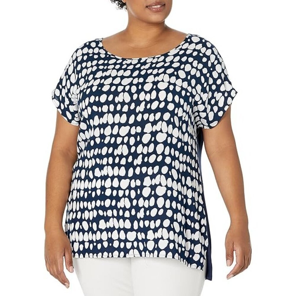Evans Avenue Plus Size 14 Blue Mixed Media Back Border Top White Dots Flowy